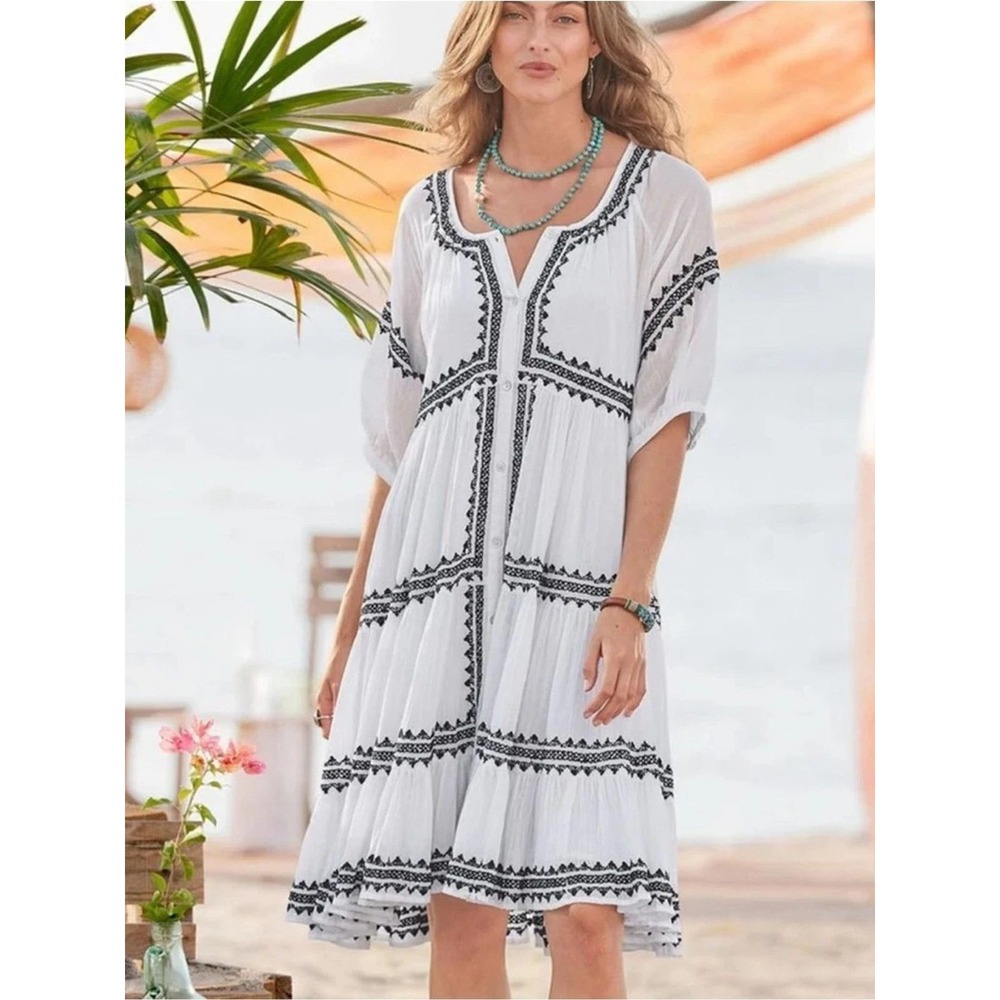 Sundance Dress Women S White Black Embroidered Cotton Gauze Button Front Midi